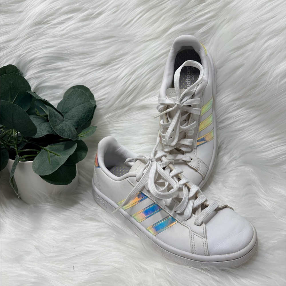 Adidas White Sneakers with Holographic Stripes